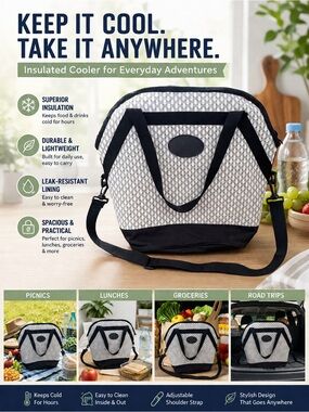 Insulated Cooler Bag • Woven Black & White • Leakproof Lunch Tote w/ Strap